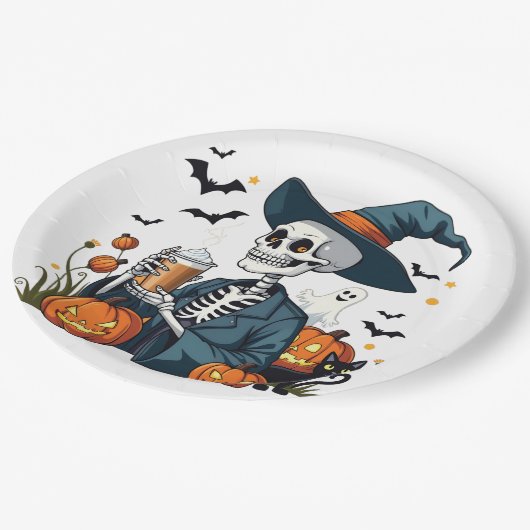Assiettes En Carton Éffrayant Halloween Squelette Sippin Citrouille ép (Angle)