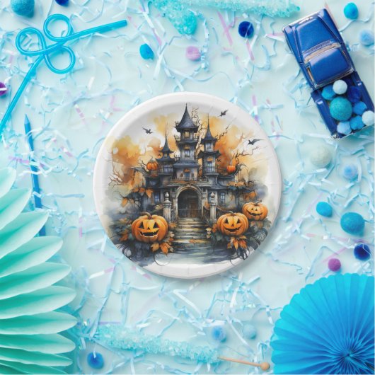 Assiettes En Carton Éffrayant Haunted Castle Halloween Plaque en papie (Fête)