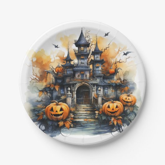 Assiettes En Carton Éffrayant Haunted Castle Halloween Plaque en papie (Devant)