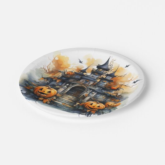 Assiettes En Carton Éffrayant Haunted Castle Halloween Plaque en papie (Angle)