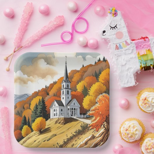 Assiettes En Carton Église sur une colline en automne (Fête)