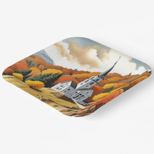 Assiettes En Carton Église sur une colline en automne (Angulaire)