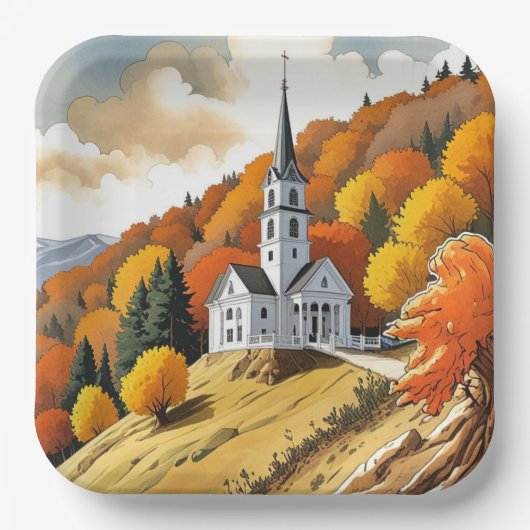 Assiettes En Carton Église sur une colline en automne (Recto)