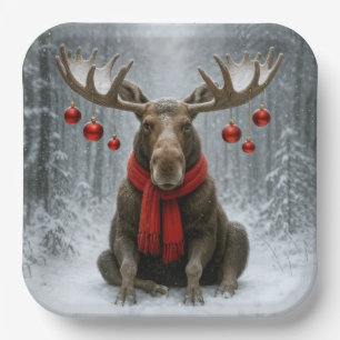 Assiettes En Carton Élan de Noël dans une forêt enneigée