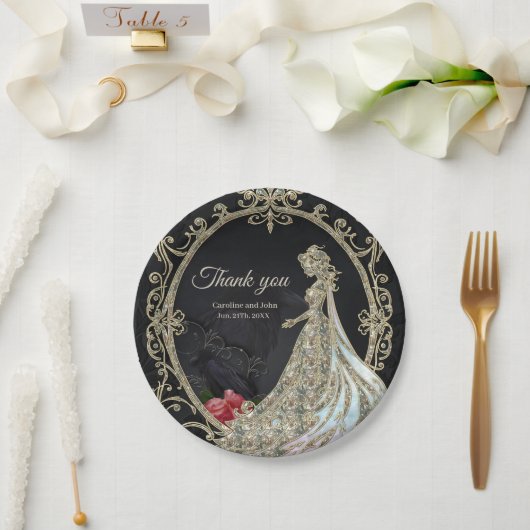 Assiettes En Carton Élégance en or et noir. (Mariage)