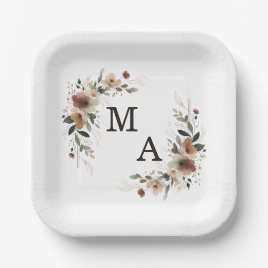 Assiettes En Carton Élégance Ethérée Floral Wreath Mariage Monogramme (Recto)