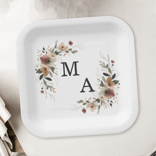 Assiettes En Carton Élégance Ethérée Floral Wreath Mariage Monogramme