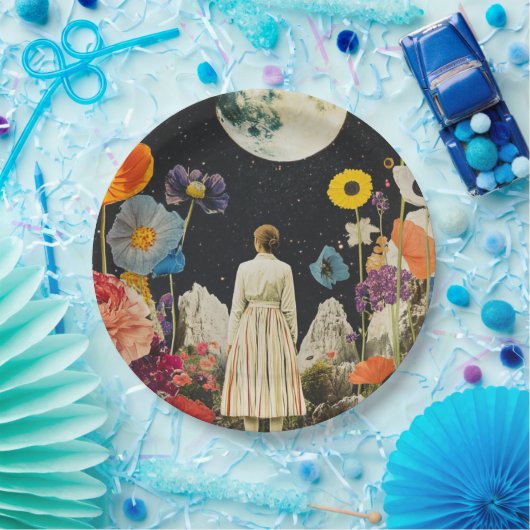 Assiettes En Carton Élégance Lune - Vue arrière de la femme avec Lune  (Fête)