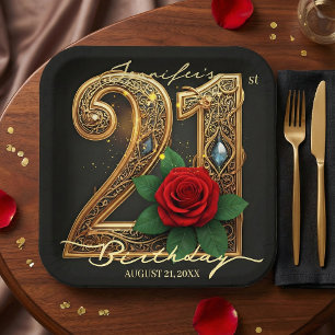 Assiettes En Carton Élégant 21e Anniversaire Noir Or Filigrane Rose Ro