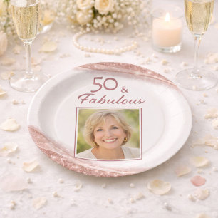 Assiettes En Carton Elégant 50 & Incroyable Rose Gold Photo Anniversai