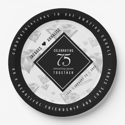 Assiettes En Carton Élégant 75e anniversaire de Mariage de diamant (Devant)