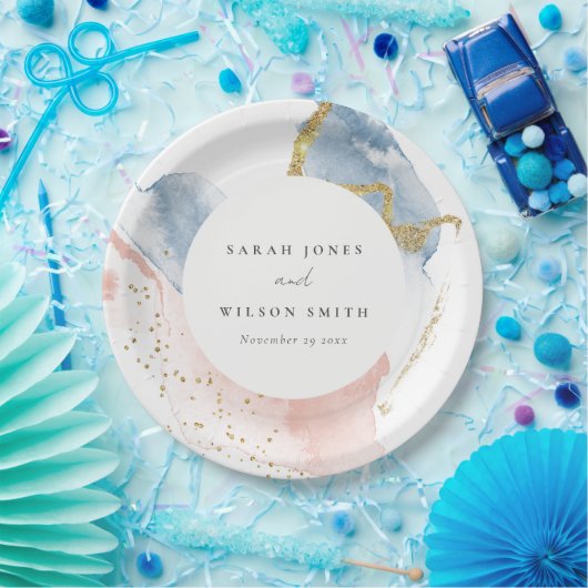 Assiettes En Carton Elégant Abstrait Aquarelle or rose bleu Mariage (Fête)