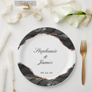 Assiettes En Carton Élégant Agate noir blanc Rose or Mariage d'huile