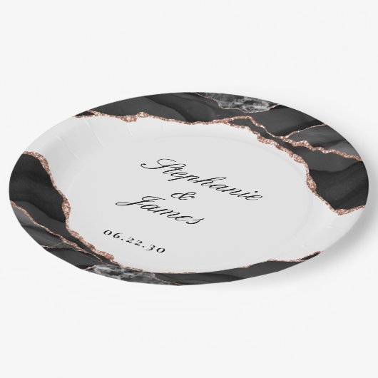 Assiettes En Carton Élégant Agate noir blanc Rose or Mariage d'huile (Angle)