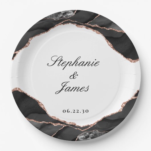 Assiettes En Carton Élégant Agate noir blanc Rose or Mariage d'huile (Devant)