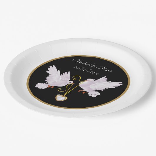 Assiettes En Carton élégant amour colombes ajouter nom date Mariage Pa (Angle)