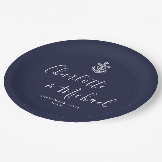 Assiettes En Carton Élégant Ancre bleu marine Mariage nautique (Angle)