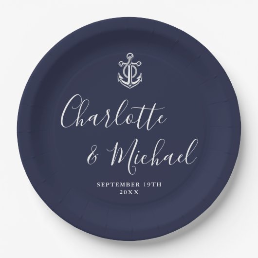 Assiettes En Carton Élégant Ancre bleu marine Mariage nautique (Devant)