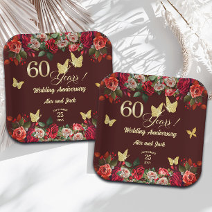Assiettes En Carton Élégant Anniversaire de Mariage Fleur Or 60 ans