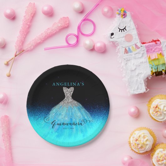 Assiettes En Carton Elégant Aqua Espagne Gown Quinceañera Plaques papi (Fête)
