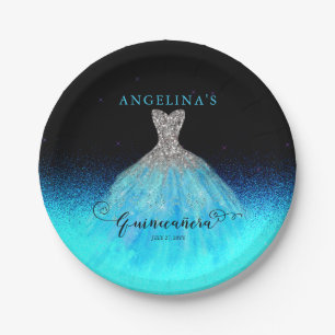 Assiettes En Carton Elégant Aqua Espagne Gown Quinceañera Plaques papi