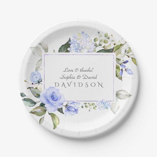 Assiettes En Carton Elégant Aquarelle bleu Fleurs Mariage de cadre (Devant)