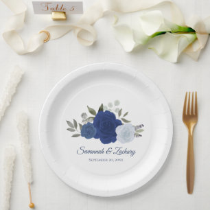 Assiettes En Carton Élégant Aquarelle Bleue Roses Bohème Chic Mariage