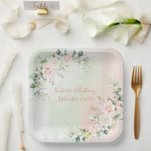 Assiettes En Carton Elégant Aquarelle rose Blush Floral Mariage