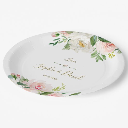 Assiettes En Carton Elégant Aquarelle rose Fleurs de rose Mariage (Angle)
