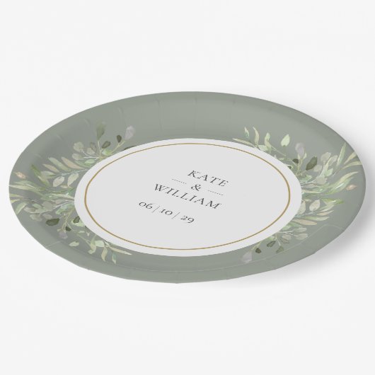 Assiettes En Carton Elégant Aquarelle Verdure Sage Vert Mariage (Angle)