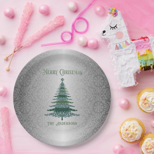 Assiettes En Carton Élégant Arbre de Noël Vert Argent Nom Ornements (Fête)