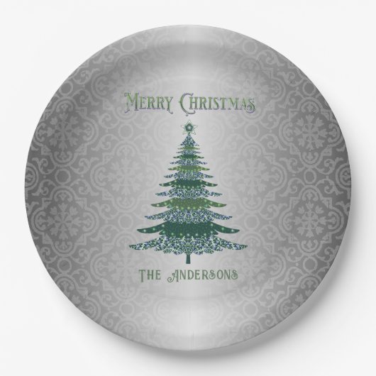 Assiettes En Carton Élégant Arbre de Noël Vert Argent Nom Ornements (Devant)
