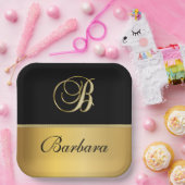 Assiettes En Carton Élégant "B" Monogramme Nom personnalisé Black Gold (Fête)