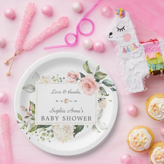Assiettes En Carton Elégant Baby shower Aquarelle rose Fleurs (Fête)