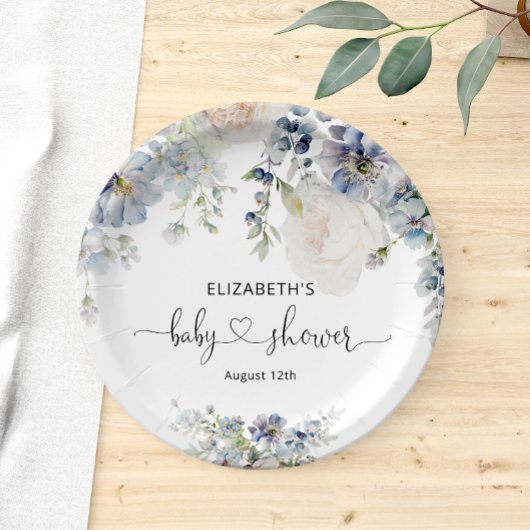 Assiettes En Carton Elégant Baby shower aux fleurs bleues