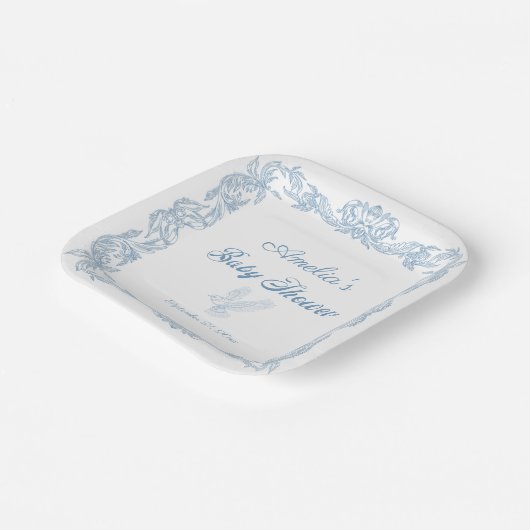 Assiettes En Carton Elégant Baby shower bleu baroque en fibre Dusty (Angulaire)