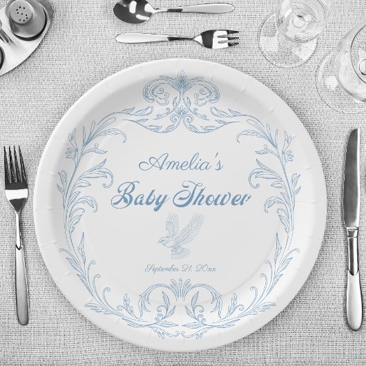 Assiettes En Carton Elégant Baby shower Bleu Baroque Oiseau