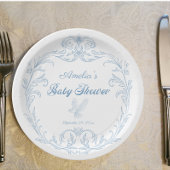 Assiettes En Carton Elégant Baby shower Bleu Baroque Oiseau