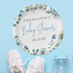 Assiettes En Carton Elégant Baby shower Bleu Blanc Floral Spring Boy