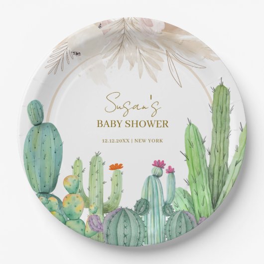 Assiettes En Carton Elégant Baby shower Boho Western Cactus Arch (Devant)
