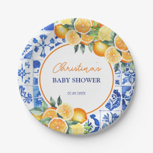 Assiettes En Carton Elégant Baby shower Citrus Blue Carreaux