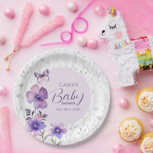 Assiettes En Carton Élégant Baby shower de papillon floral violet (Fête)