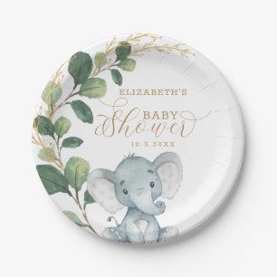 Assiettes En Carton Elégant Baby shower éléphant Aquarelle Verdure