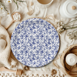 Assiettes En Carton Elégant Baby shower en toile de Jouy floral bleu b