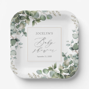 Assiettes En Carton Elégant Baby shower Eucalyptus verdoyant