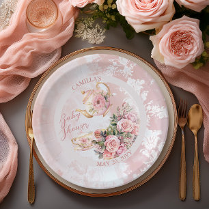 Assiettes En Carton Élégant Baby shower Floral Rose High Tea Girl