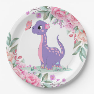 Assiettes En Carton Élégant Baby shower Papillon Dinosaure Rose Violet