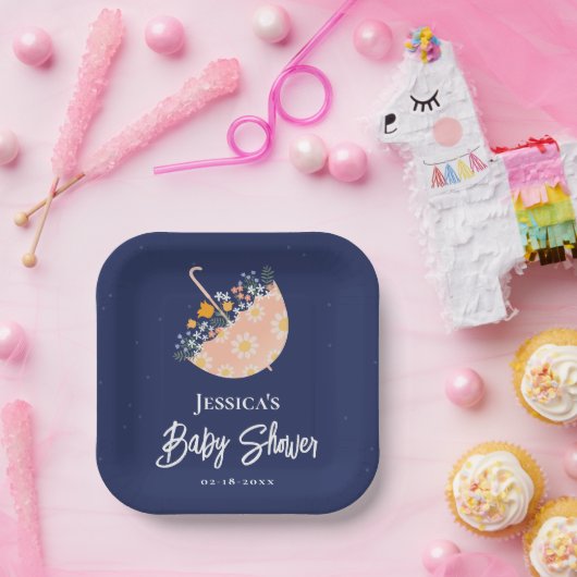 Assiettes En Carton Élégant Baby shower-parapluie rose Fleur sauvage (Fête)