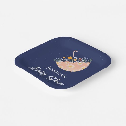 Assiettes En Carton Élégant Baby shower-parapluie rose Fleur sauvage (Angulaire)