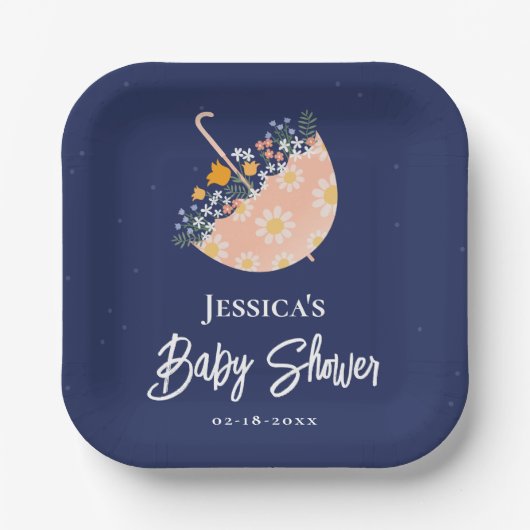 Assiettes En Carton Élégant Baby shower-parapluie rose Fleur sauvage (Recto)